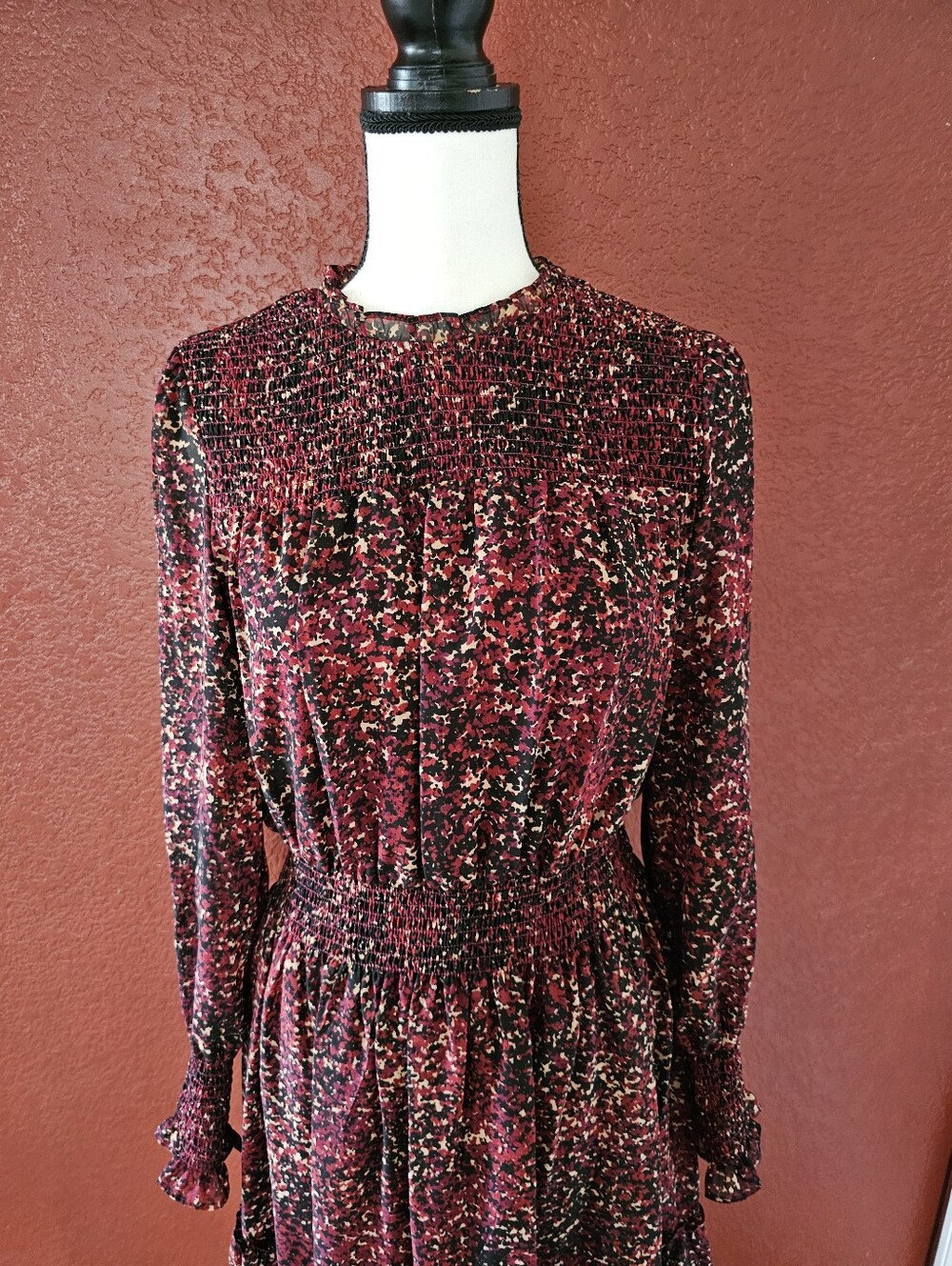 Taylor Burgundy Floral Long-Sleeve Smocked Waist Dress - Picture 3 of 9